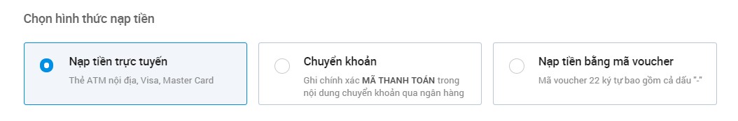 Chọn hình thức nạp tiền sau khi tạo tài khoản quảng cáo Zalo